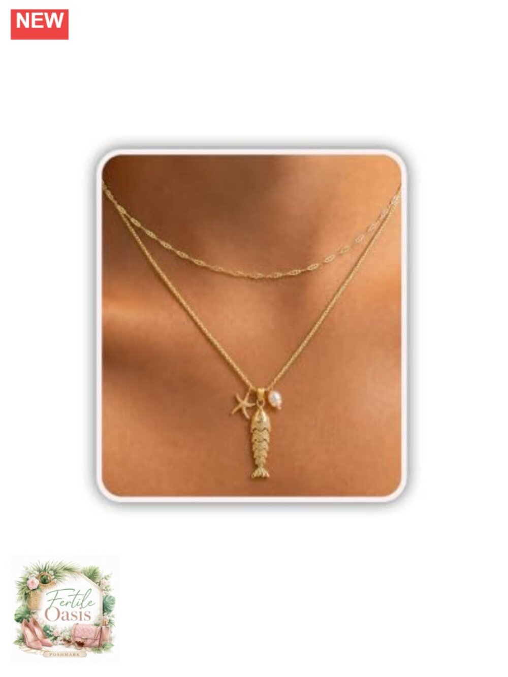 14K Gold Plated Fish Necklace with Starfish Pearl Charms Layered Women